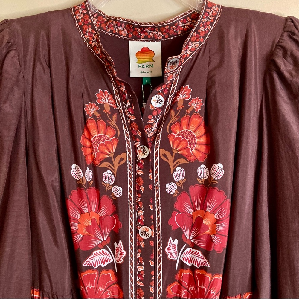 SOLD FARM Rio Gigi Tapestry Brown Mini Dress Beaded Buckle Red Floral Size L - Picture 7 of 16